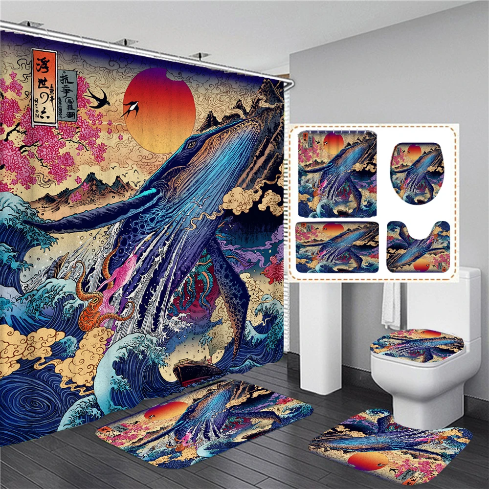 

Japanese style Shower Curtain Set with Non-Slip Rugs Toilet Cover Bath Mat Ukiyo-e Shark Mount Fuji Bathroom Curtains Decor