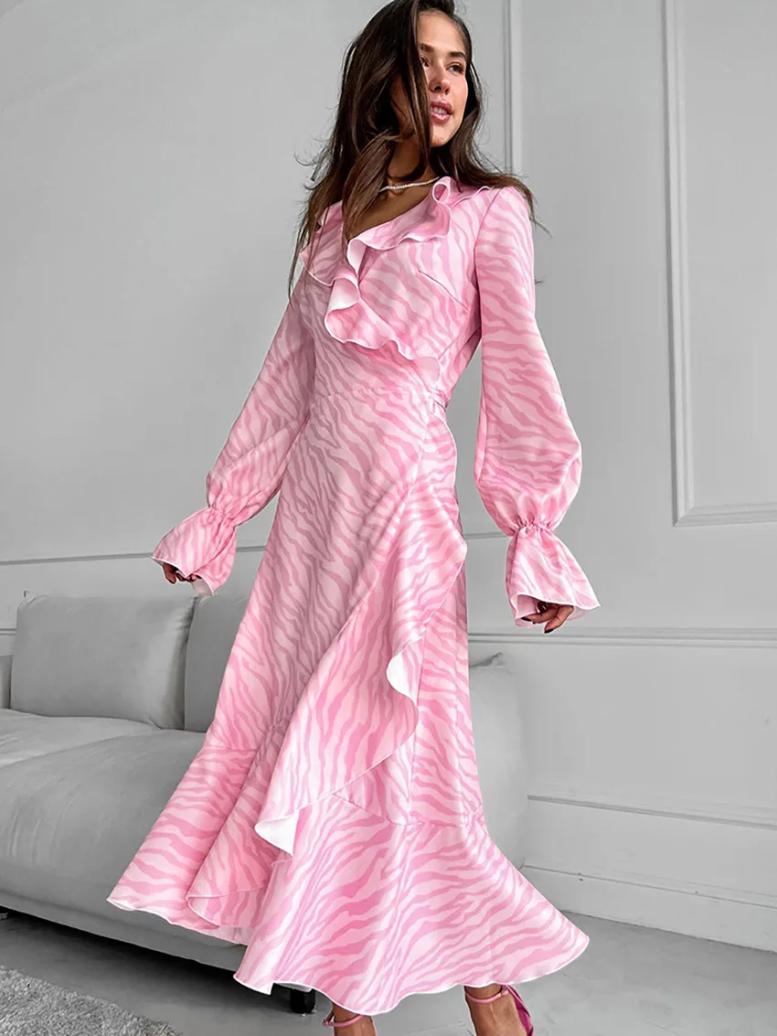 Pink Printed Ruffled Long Dress Women's Lace-Up Long Sleeve Elegant Contrast Patchwork Party Dress Female Bandage Dress
