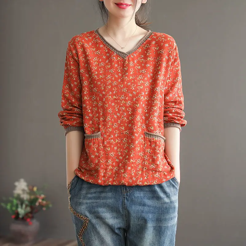 Fashionable Temperament Women's Clothing 2023 Autumn and Winter New Splice Pockets Print V-neck Long Sleeve Commuting Pullover