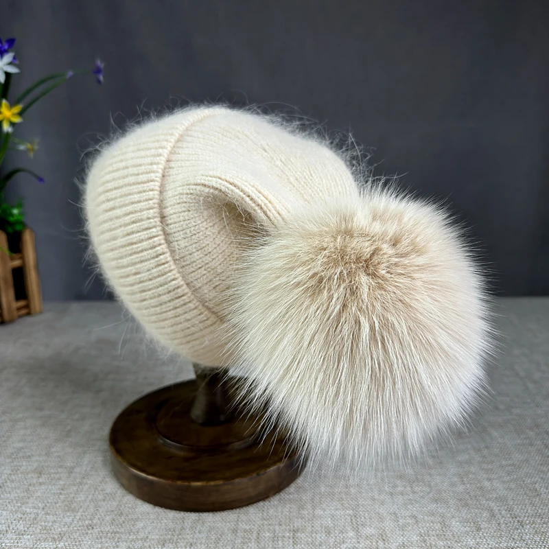2024 Angora Knit Winter Hat For kid Womens Fluffy fox fur pompom hat Beanies Luxury Big size Bonnet Female Soft Warm Skullies 2