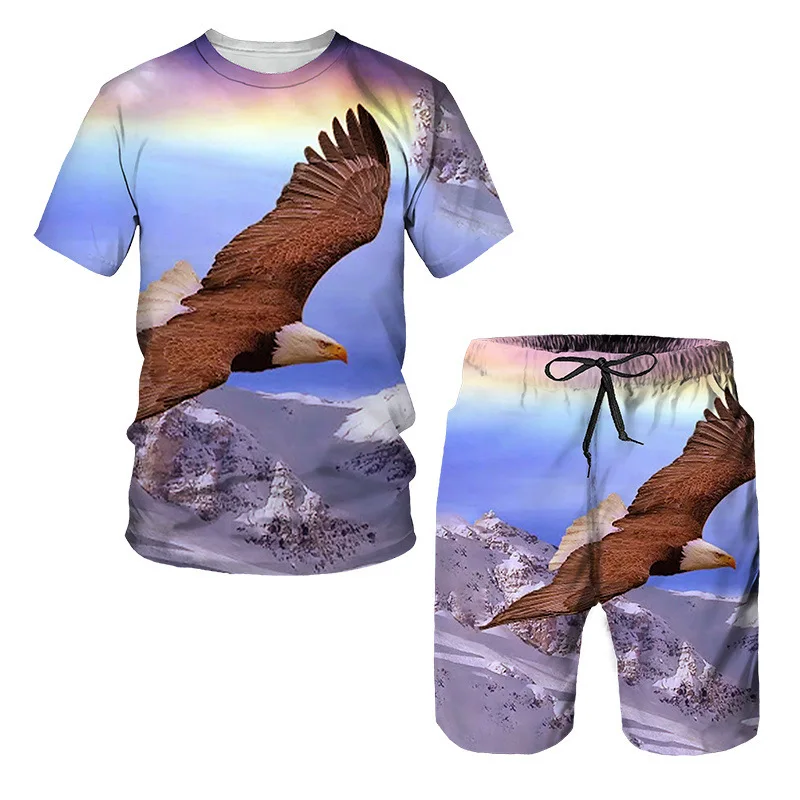 thumbnail image 1 of Nuevo conjunto de verano de manga corta con estampado 3D de águila del Día de la Independencia con relámpagos y arcoíris, conjunto de pantalones de playa de manga corta, 1 of 5