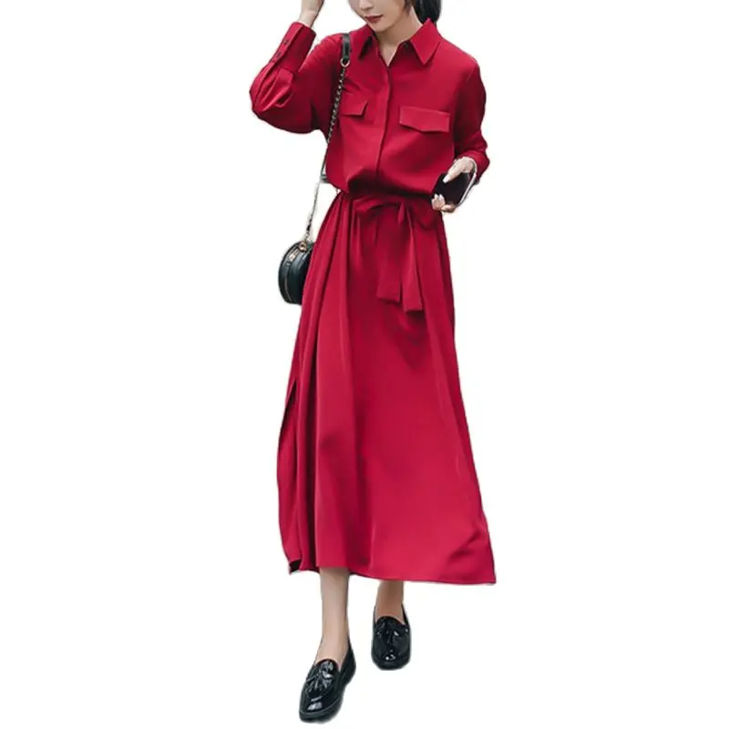 Camicie Da Donna Primavera Estate Abito Manica Lunga Moda Stile Coreano Rosso Nero
