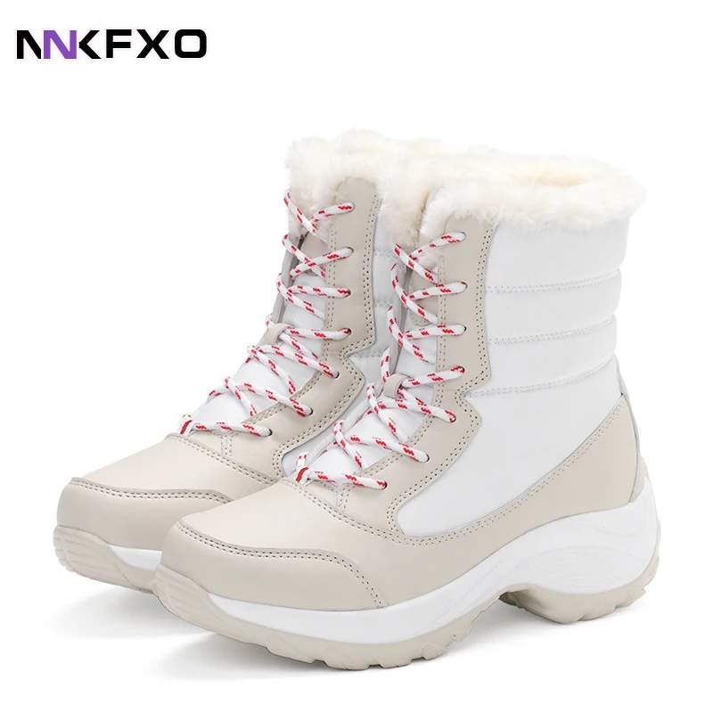 

Women's New Trendy Mid Calf Boots PU Leather Waterproof Snow Boots Front Lace-up Boots Winter Plush Comfortable Warm Boots QB568