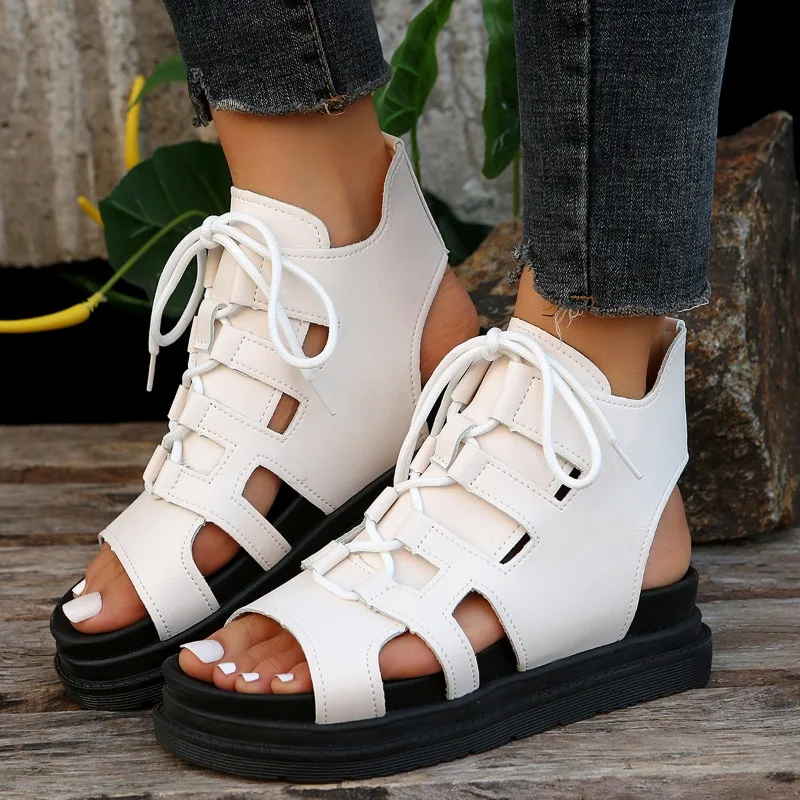 Wedge Heel Thick-Soled Roman Shoes Leather Sandals Summer New Fish Mouth Peep Toe Shoes Women's Sandals