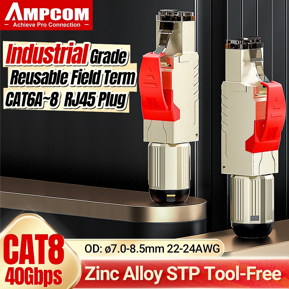 Ampcom Liga de Zinco Campo Terminação Plug Conector Rj45 Ferramenta Cat8 Stp Plugs Modulares Blindados Cat7 Cat6a 40gbps 2000mhz