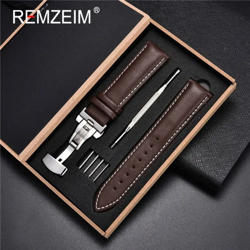 

18mm 20mm 22mm 24mm Genuine Leather Watchband Black Brown Soft Calfskin Watch Strap Automatic Butterfly Clasp With Box