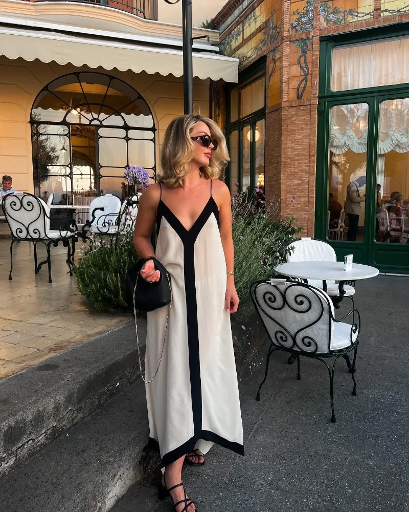 V Neck Backless Maxi Dresses For Women Color Block Slim Sexy Sundress Femme Street Fashion Party Temperament Dress Woman