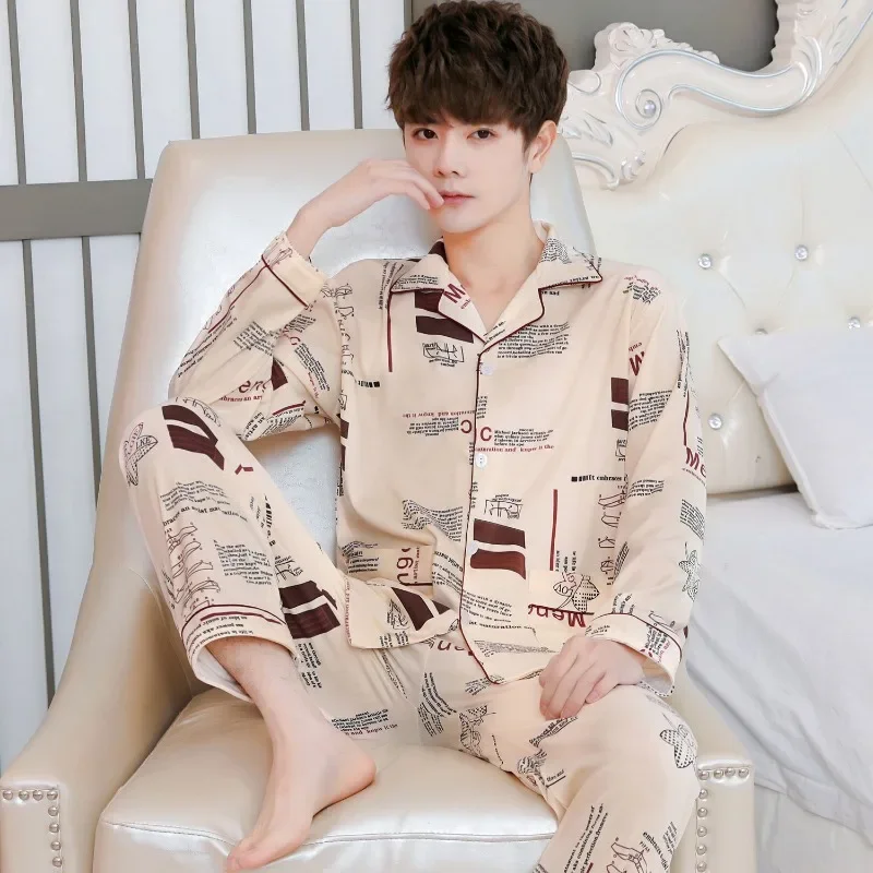 

Men's Summer Autumn Pajamas Male Cotton Long Sleeved Pants Loungewear Cardigan Middle-aged Home Clothing Set Elderly Sleepwear