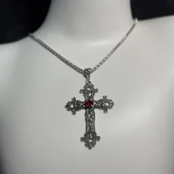 Y2K Punk Crystal Cross Pendant Necklace - Gothic Aesthetic Jewelry (Red)