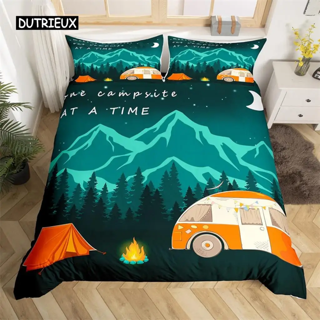 

Camping Duvet Cover Microfiber Galaxy Stars Moon Happy Camping Comforter Cover Camper Truck Geometry Mountain Trees Bedding Set