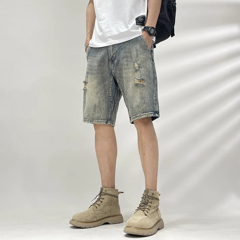 Fashion Men's Casual Shorts Distressed Denim Shorts Solid Colour Straight Versatile Denim Shopping Traveling Streetwear