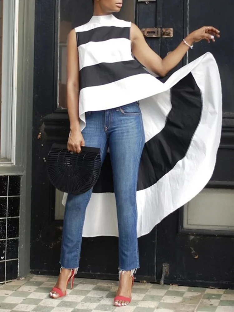 

Lemongor Women Fashion Striped High-Low Loose High-Neck Vest Tops 2023 Summer Sleeveless Loose Simple Going Out T-Shirts