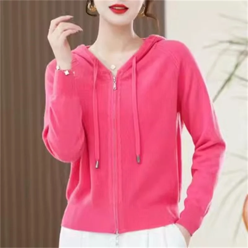 Solid Color Sweater Jacket Spring Autumn Outerwear Cashmere Sweater Hooded Cardigan Women's Knitted Outerwear Long Sleeved Loose images - 6