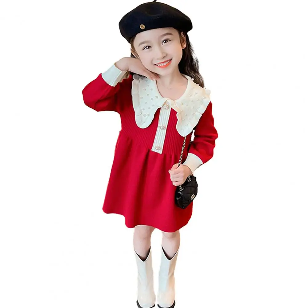 

Украшение с искусственным жемчугом для девочек, длинные рукава, длина до колена, Ребристый Подол А-силуэта, для детей, Осень-зима