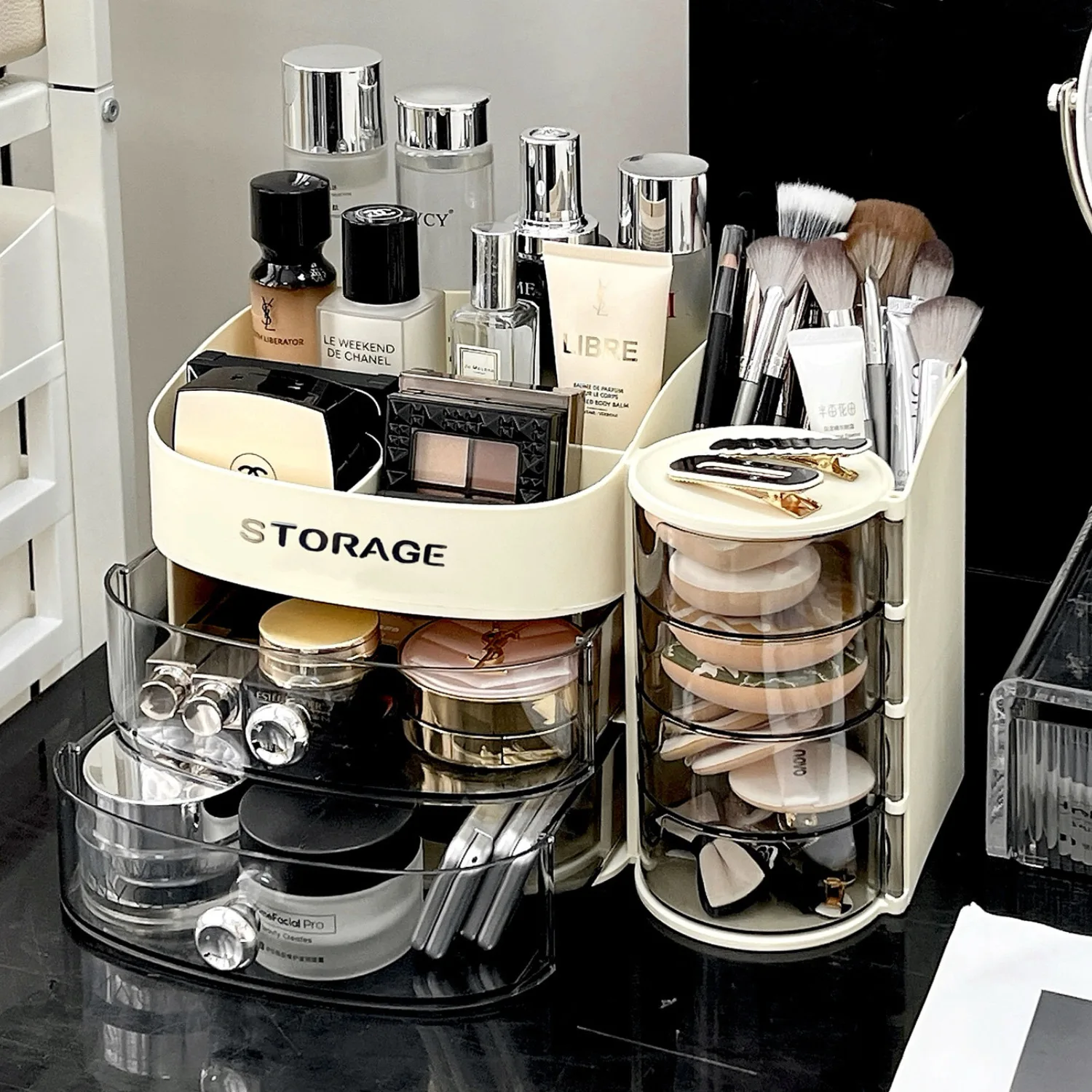 Rotating Makeup Organizer with Drawer Plastic Cosmetic Storage Box with Divider for Desktop Compact Travel Makeup Case for Women 6
