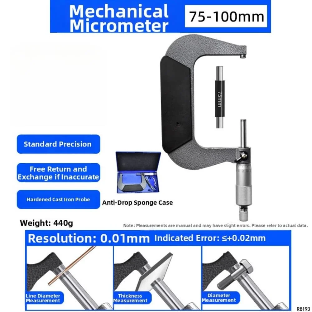 정밀 기계식 마이크로미터 0-100mm, 주철 본체, 래칫 스톱 및 보관함 포함, 작업장 치수 측정용