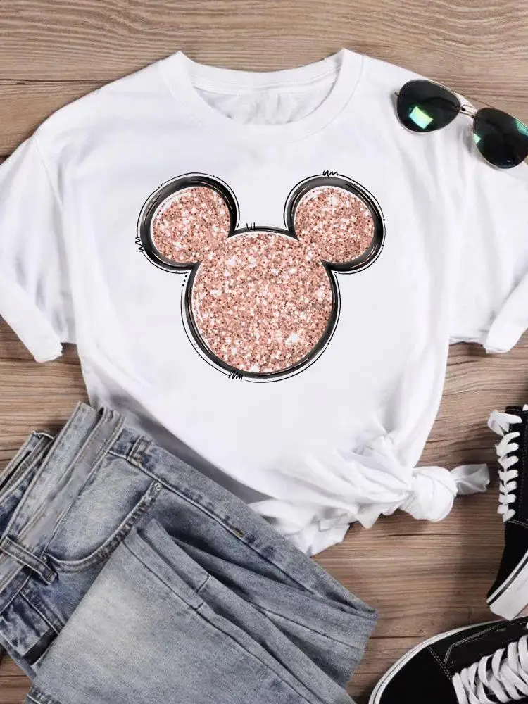 Disney Fashion Women Cartoon Print Clothing Ear Style Trend Cute Mickey Mouse Tee Shirt Casual