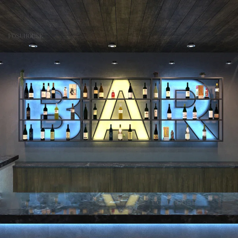 Luminous Letters Bar Wine Cabinet Bar Furniture Wall-mounted Wine Rack Cabinet Industrial Style Iron Art Display Showcase