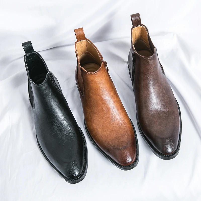 Classic Chelsea Boots Side ZIP Slip-on High-top Boots Men's Luxury Leather Ankle Fashion Business Short For Suits