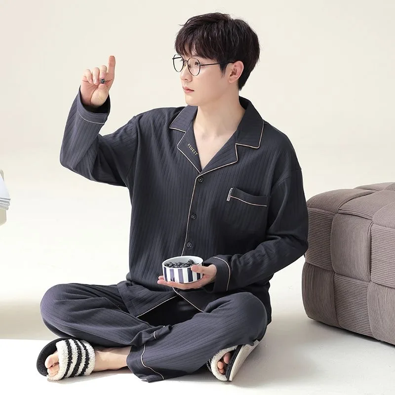 2023 New Men Pajamas Spring Autumn Loungewear Cotton Long Sleeve Boys Cotton Homewear Suit V-neck Loose Casual Nightwear