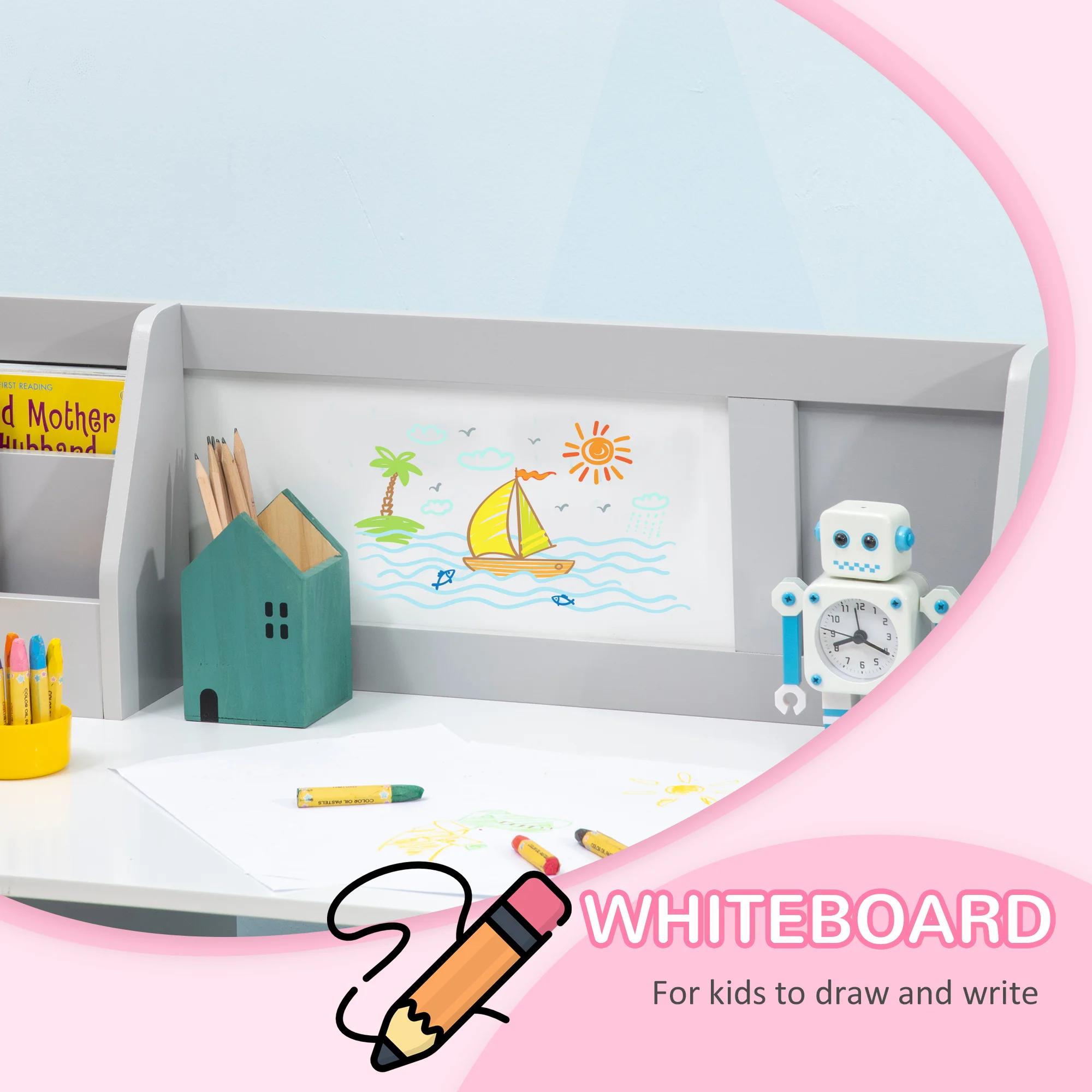 2 Pieces Kids Table and Chair Set with Whiteboard Multiple Storage Spaces, Grey 5