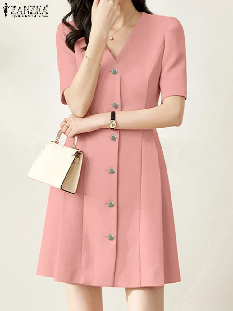 

ZANZEA Fashion Short Sleeve V Neck Vestidos 2023 Summer Women Elegant Mini Dress Casual Pleated A Line Dresses Party Robe Femme