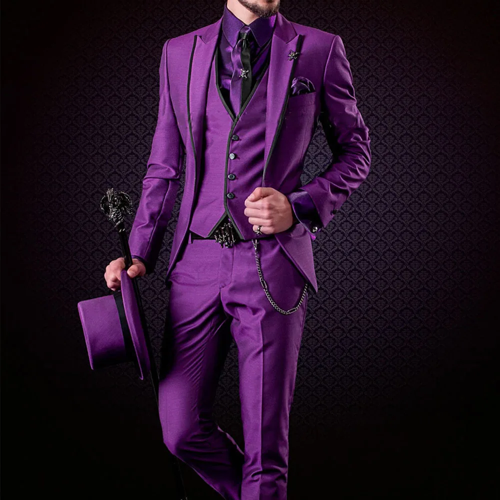 

New Arrival Men Suits Purple Peak Lapel Solid Color Male Blazer Fashion Casual Slim Fit Suit Business Groom Wedding 3 Piece Set