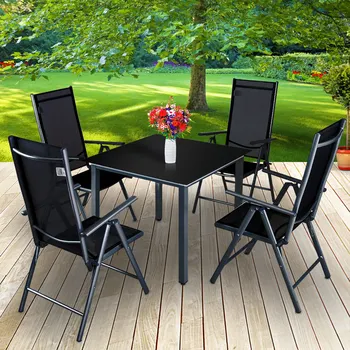 Set da balcone da 5 pezzi Mobili da giardino Posti a sedere in alluminio Tavolo da giardino con 4 sedie pieghevoli Schienale alto regolabile a 7 vie 1