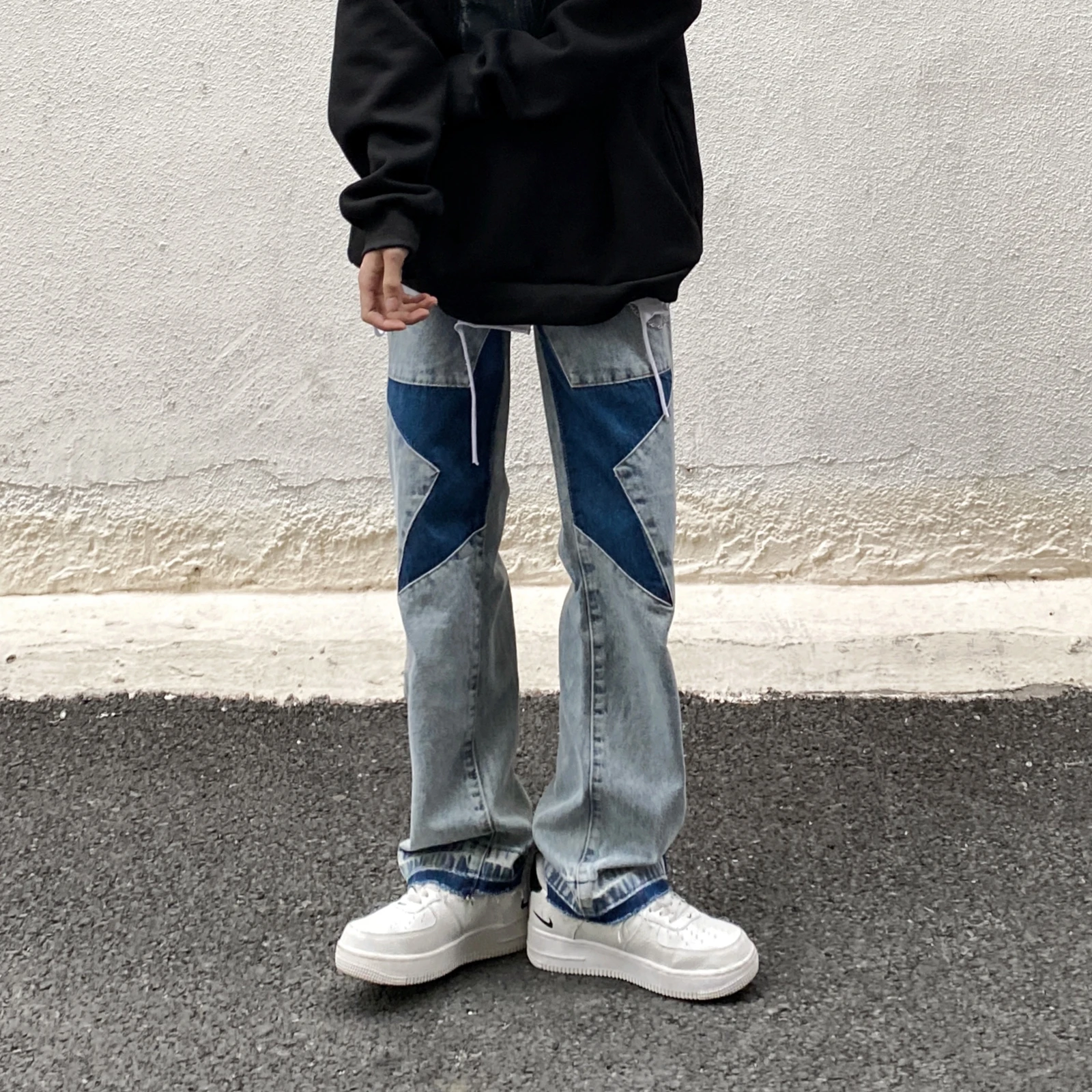 

Jeans High Street Washed Old Jeans Men American Fashion Brand Five Points Star Stitching Loose Straight Couple Hip Hop Pants