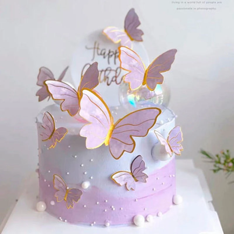 10pcs Gold Butterfly Cake Decorations Happy Birthday Acrylic Cake