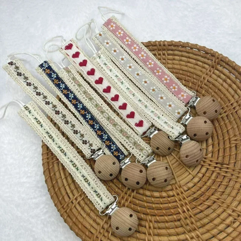 나무 아기 젖꼭지 체인 귀여운 꽃 인쇄 더미 젖꼭지 홀더 가드 Teether 펜던트 아기 액세서리