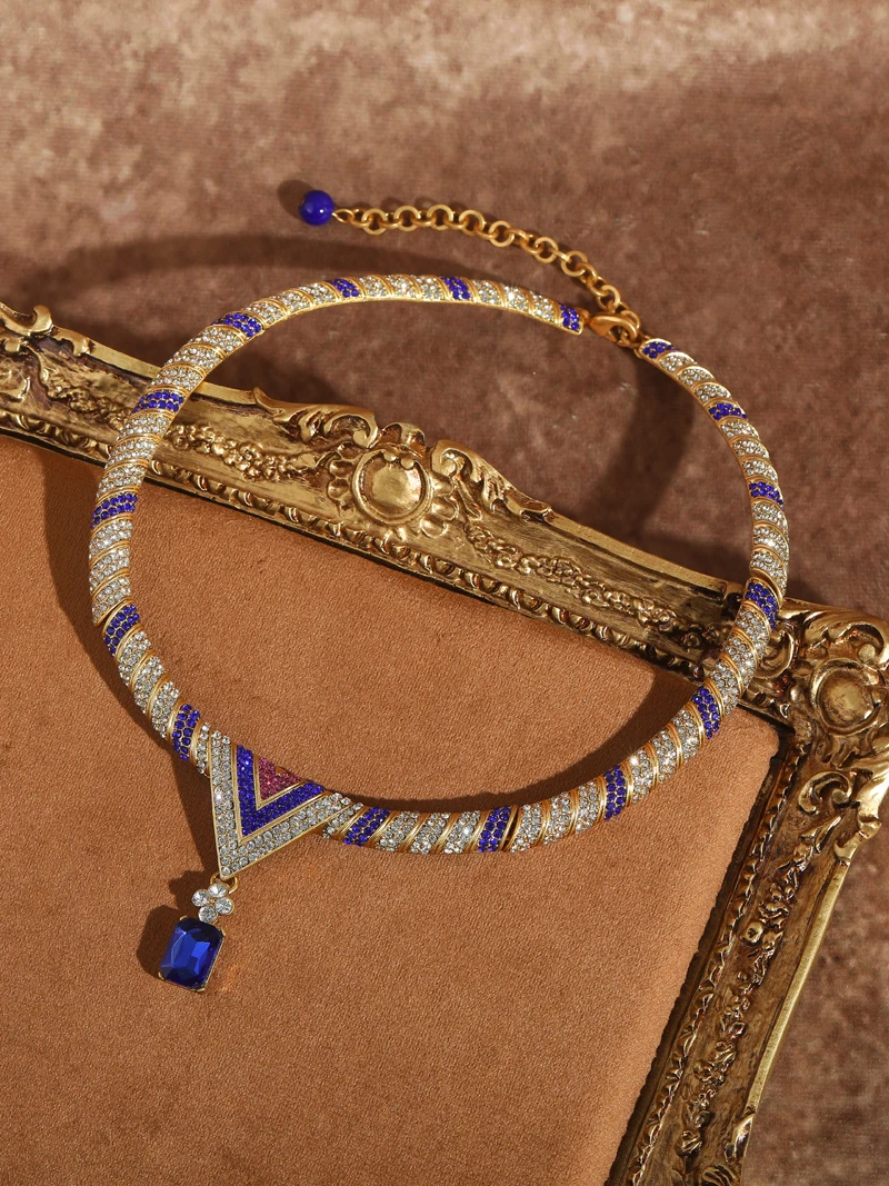 Sa0dfef43bbdd4fbbacef796f5bef53a1I Vintage Blue Zircon Pendant Necklace Gold Color Choker Collar Woman Rhinestone Wedding Accessories Luxury Designer Jewelry Mallzona