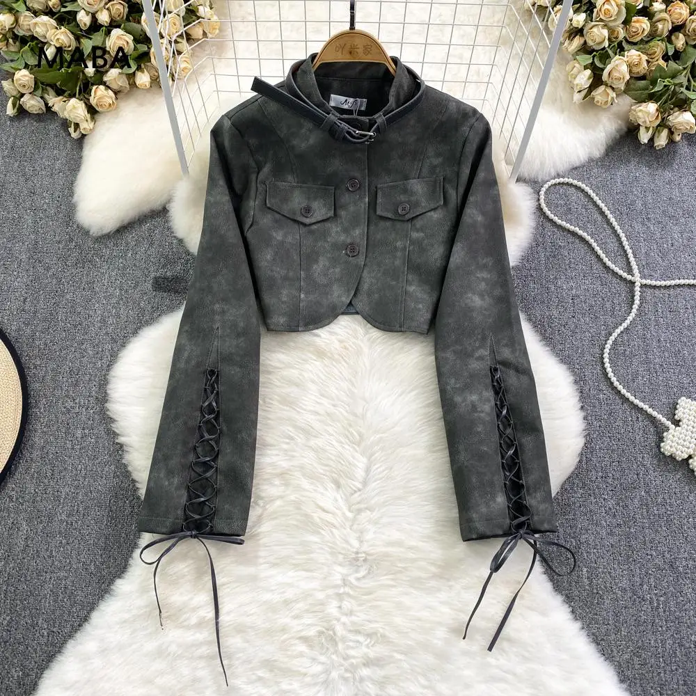 

Fashion Designer Retro Women Pu Short Jacket 2023 Autumn Stand Neck Lace Up Long Sleeve Single Breasted Grey Faux Leather Coats