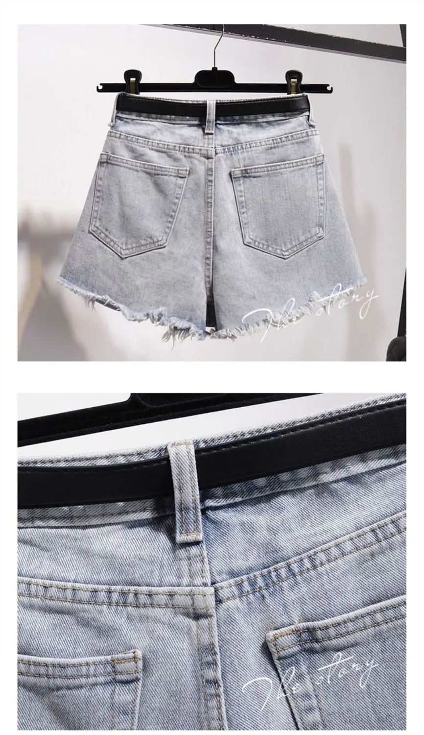 khaki shorts Ailegogo 2022 New Summer Women High Waist Hole Blue Denim Shorts Casual Female Solid Color Frayed Black Jeans Shorts With Belt bermuda shorts