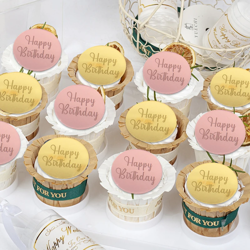 Cake Topper 10Pcs Rose Gold Birthday Party Cake Decoration Acrylic Round Cake Toppers Happy Birthday Gift Decor Cupcake Dessert Accessories
