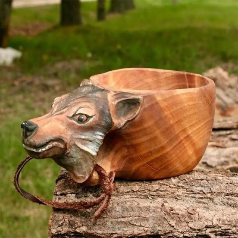 Tasse à eau en bois en caoutchouc avec marque stéréo 3D, tasse à eau sculptée à la main, tête d'animal, raton laveur, loup, renard, sanglier, cerf, poisson, 1 pièce