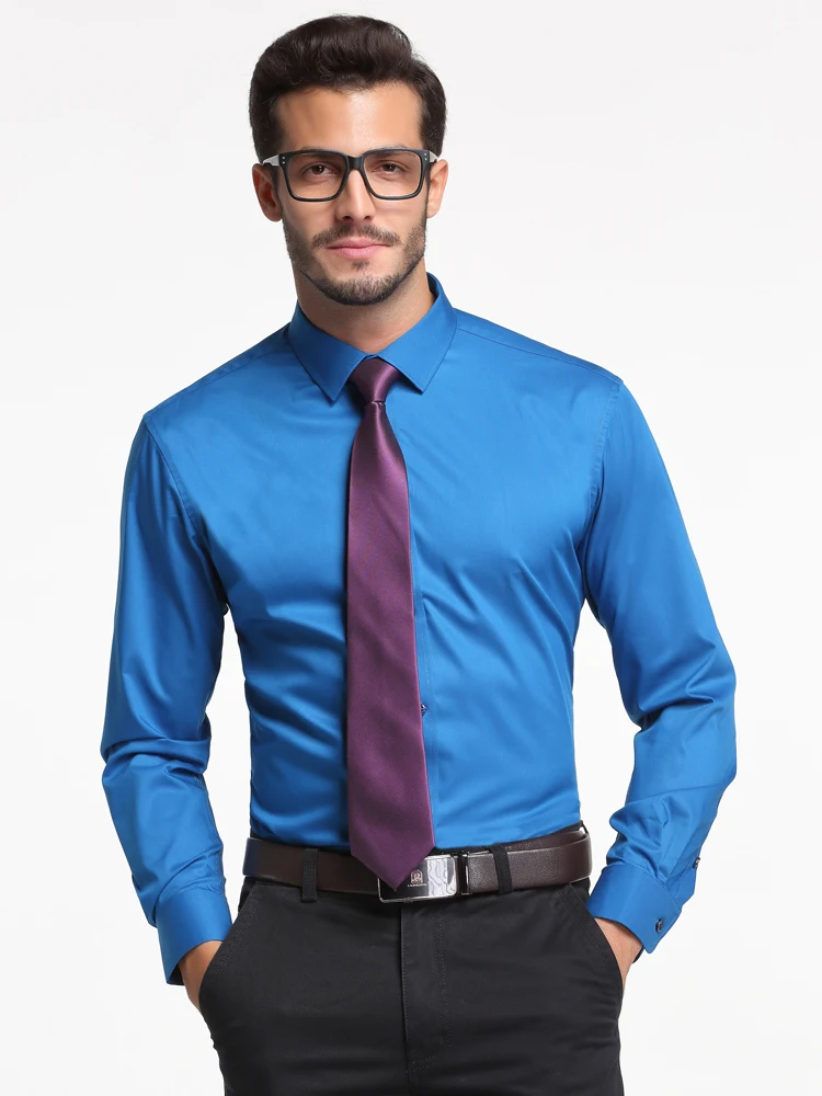 Men's Classic Silk Touch Bamboo-fiber Long Sleeve Dress Shirts Without Pocket Regular-fit Solid Business Office Easy-care Shirt