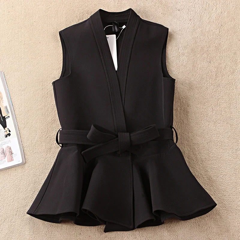 

Black Blazer Waistcoat Women Belt Sleeveless Coat Female Slim Office Vest Woman V-neck Korean Style Vests Waistcoat Femme
