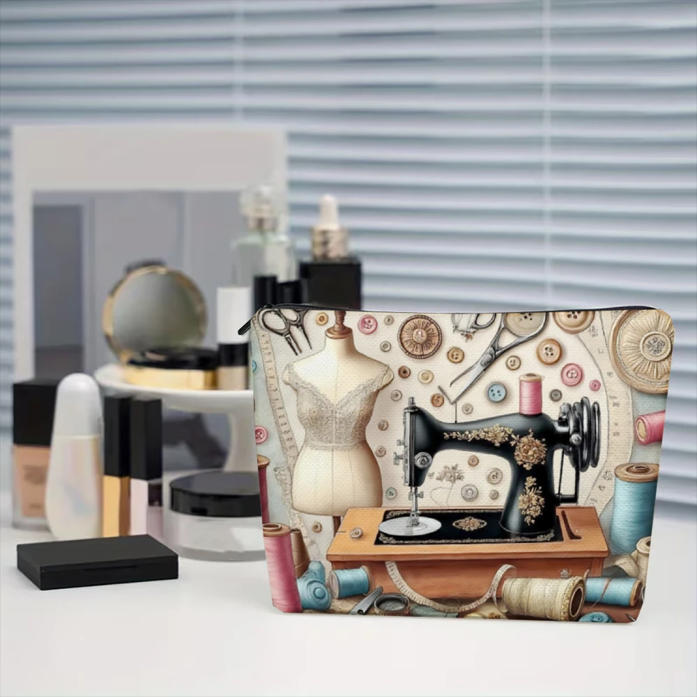 Kosmetiktasche mit Vintage-Nähmaschinen- und Stoffdruck, Make-up-Organizer mit Reißverschluss, leicht, faltbar, Reiseetui, Aufbewahrungstasche – Detail 6