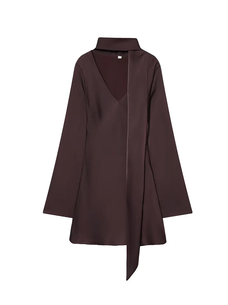 New Women's Scarf Collar Party Dress Solid V Neck Flare Long Sleeve Mini Dress Summer Satin Elegant Chic Ladies Fashion Dress