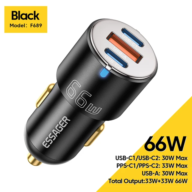  Essager 100W Car Charger Fast Charging Quick Charger QC PD 3.0 For iPhone 14 Type C USB Car Charger For Samsung Laptops Tablets 