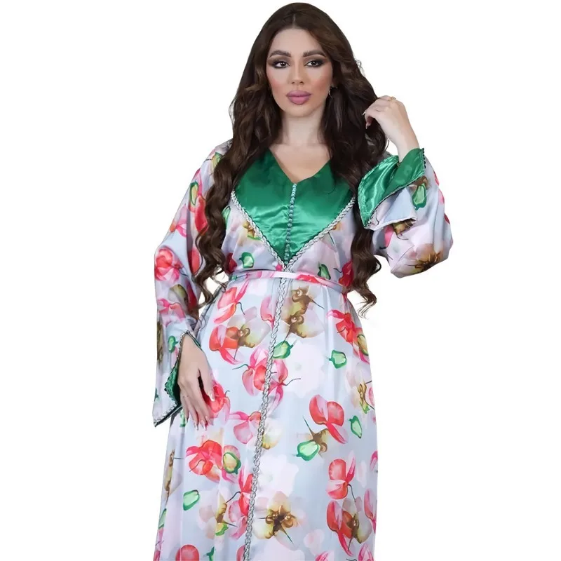 Mulheres manga comprida decote V Abaya com impressรฃo poliรฉster, vestidos da moda muรงulmana, elegantes, verรฃo, outono