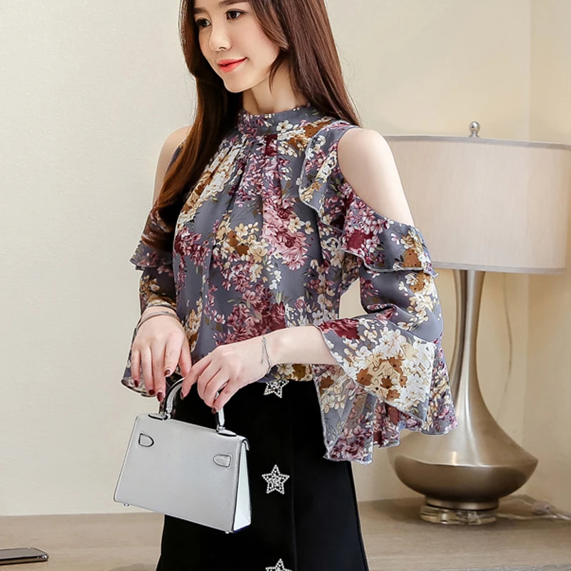 Short Sleeve Chiffon Blouses for Women Sweet Butterfly Sleeve Tops Off Shouer Shirts Floral Print Clothes 5388 50