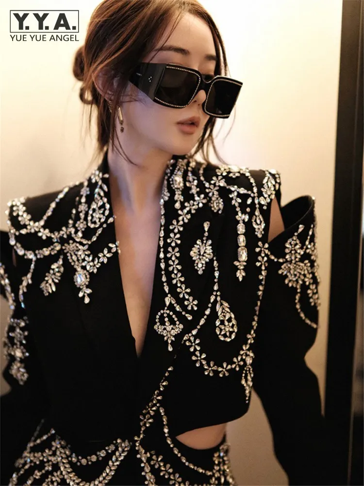 

Luxury Women Crystal Beading Blazer Tops Sexy Backless Hollow Out Suit Coat Runway Designer Long Shiny Baroque Diamonds Jacket