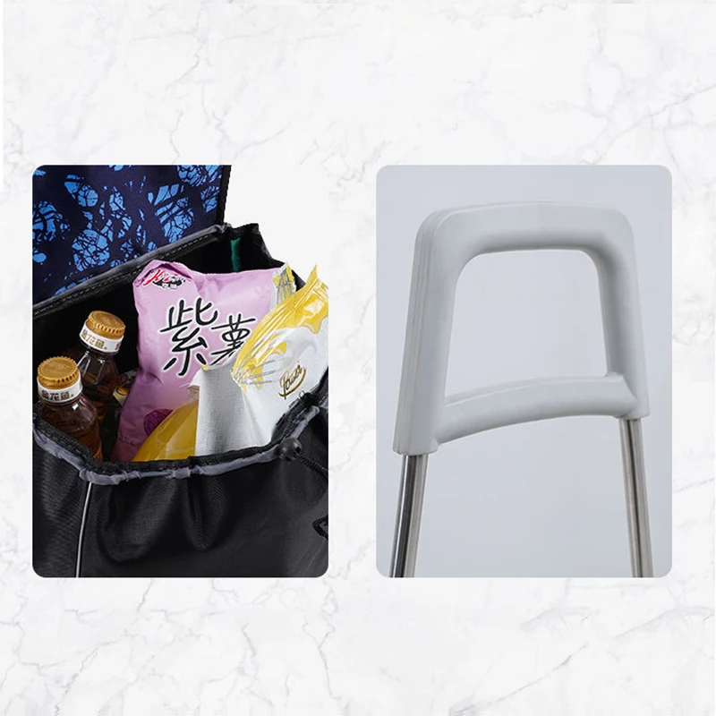 Folding Shopping Cart Free Installation Grocery Portable Stainless Steel Trolley Waterproof Fabric Storage Bag 13cm Wheels Cart 5