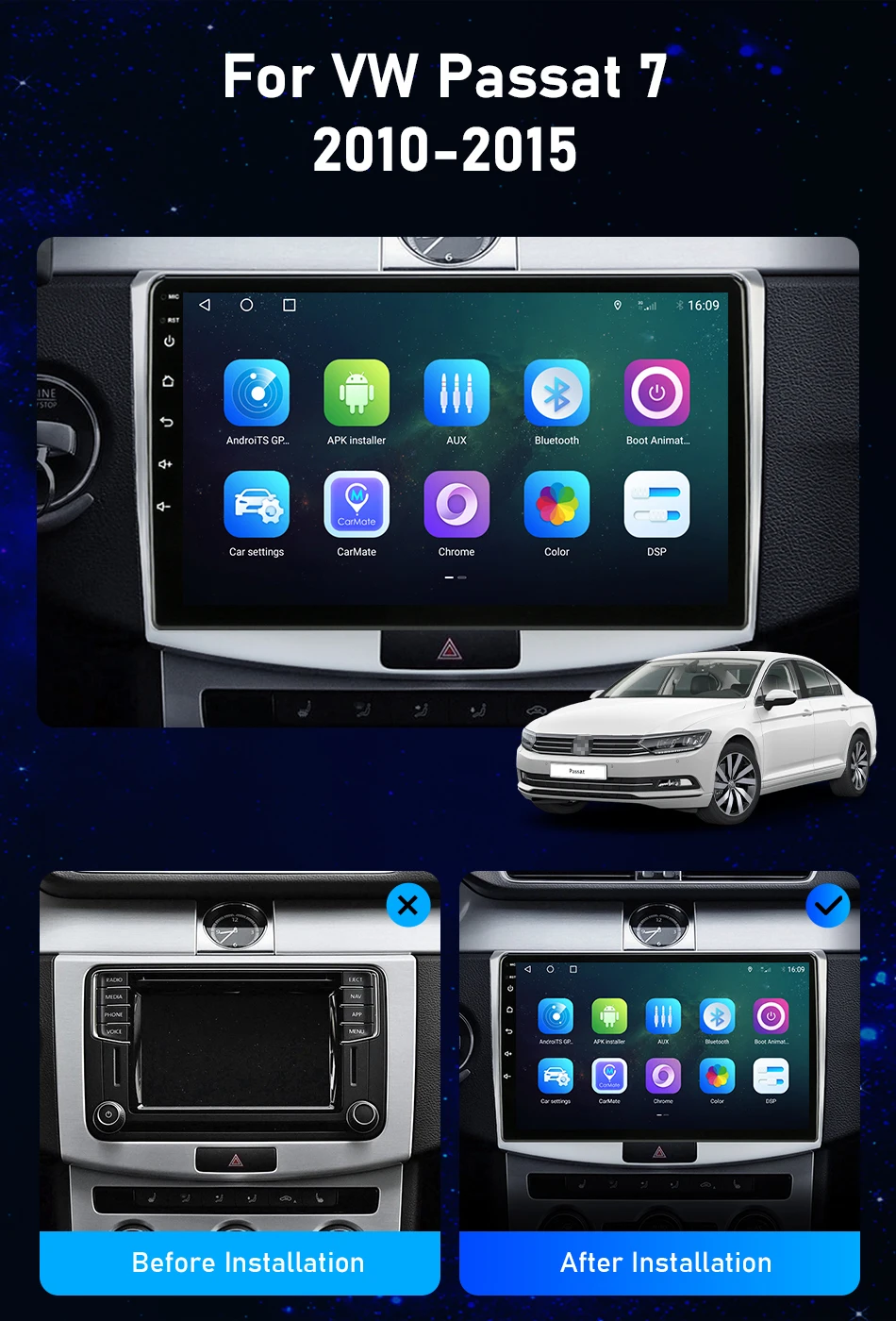 Srnubi T20 Android Head Unit Wireless CarPlay Android Auto GPS BT Multimedia Player für VW Volkswagen Passat B6 B7 CC 2010-2015 – Detail 3
