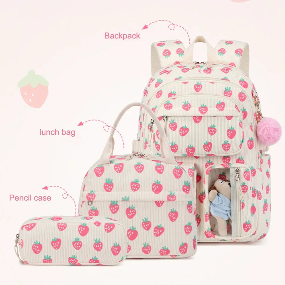 3pcs Corduroy College Backpack with Lunch Bag Pencil Case Cute Girl School Strawberry Print Bookbag Daypack Set for Teens Women