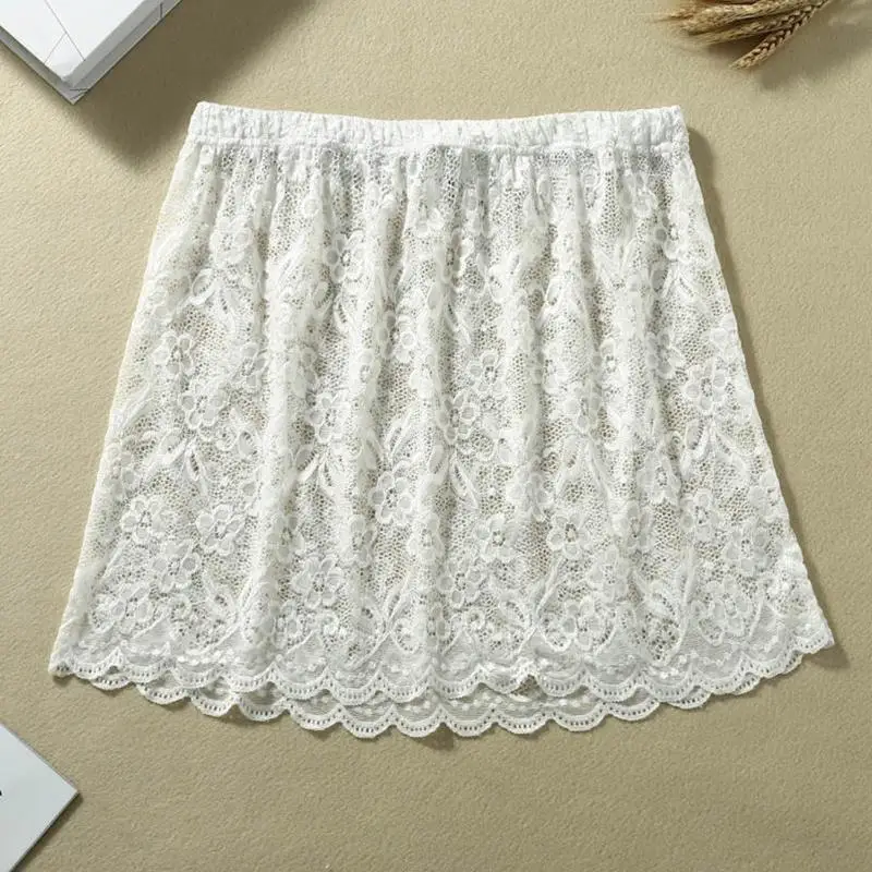 Women Sweet Floral Lace Layering Faux Mini Skirt Pleated A-Line Flare Fake Hem Shirt Extender Half-Length Splitting Slips Unders