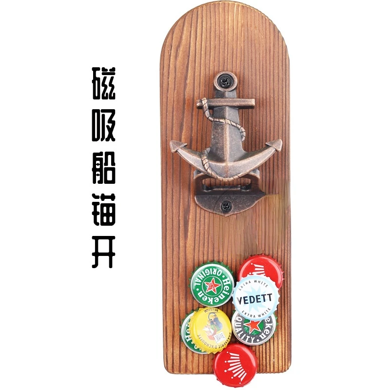 

New Magnet Wall Mounted Bottle Opener with Magnetic Cap Catcher Wooden Refrigerator Mount Home Decor