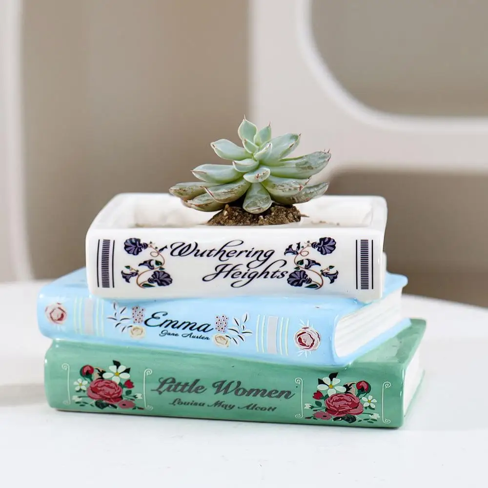 Flower Pot Small Ceramic Book-Shaped Planter with Hole Cute Bookshelf Decor Home Desk Decoration Accessories Office Living Room